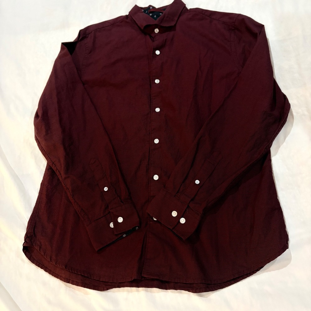 Ted Baker Mens Burgundy Micro Check Button Down Shirt Long Sleeve Size Large